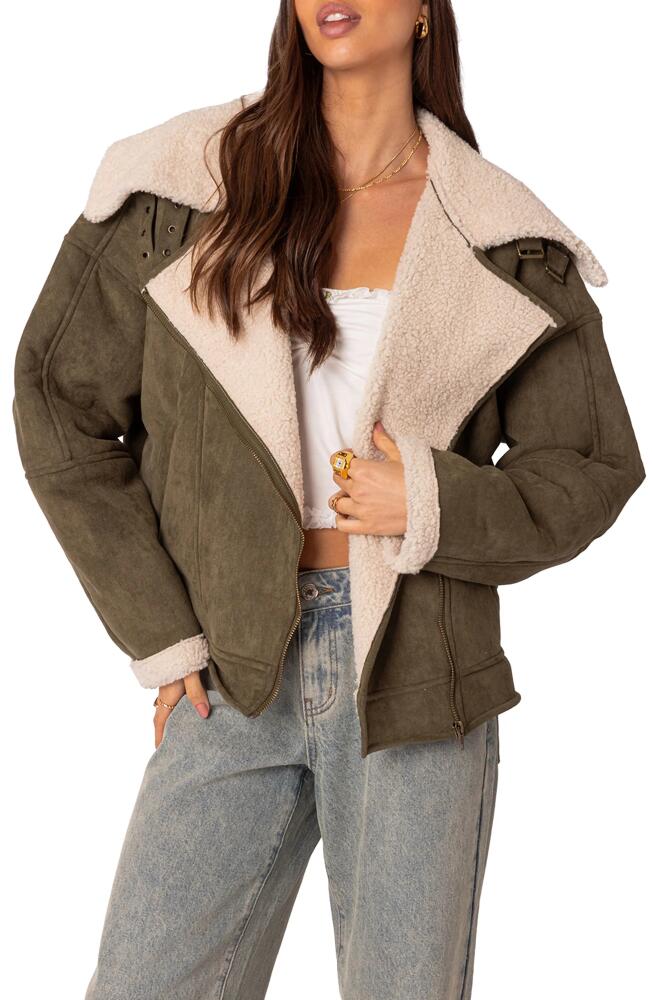 EDIKTED Oversize Faux Shearling & Faux Suede Jacket in Olive Cover