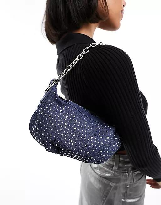 ASOS DESIGN denim diamante chain shoulder bag in blue Cover