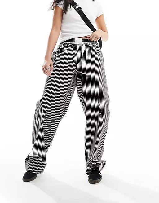 Lioness wide leg boxer waist detail pants in black stripe Cover