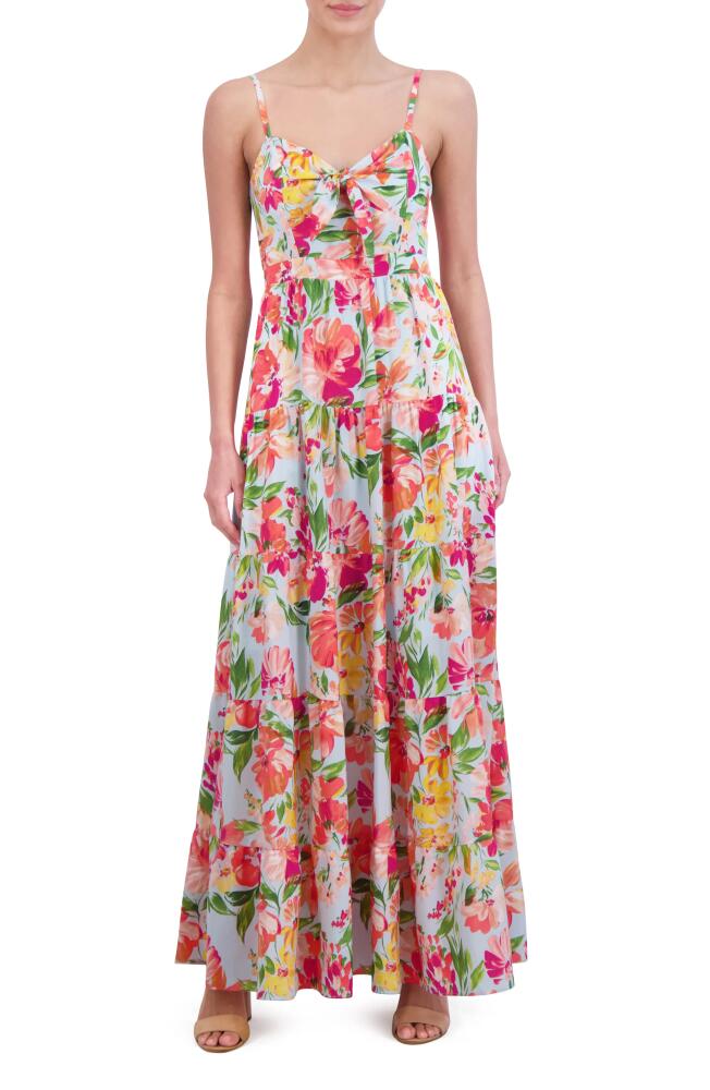 Eliza J Floral Bow Front Tiered Maxi Dress in Light Blue Cover