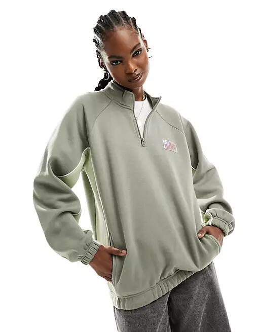 Daisy Street oversized funnel neck sweatshirt with flag embroidery-Green Cover