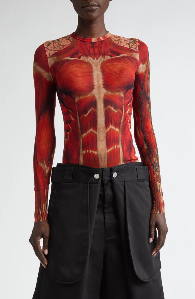 Jean Paul Gaultier Muscle Print Long Sleeve Mesh T-Shirt in Red/Orange/Green Cover