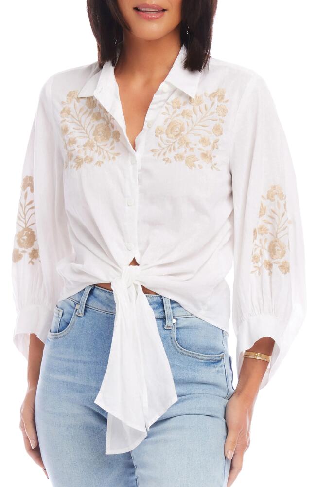 Karen Kane Embroidered Tie Front Shirt in White With Khaki Cover