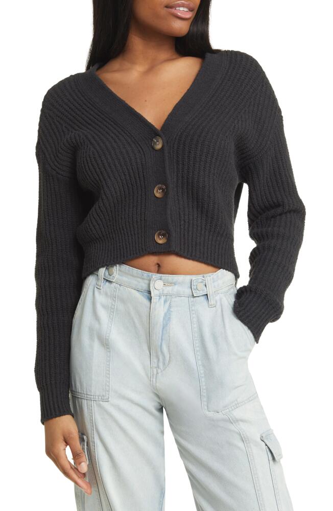 BP. Rib Crop Cotton Blend Cardigan in Black Night Cover