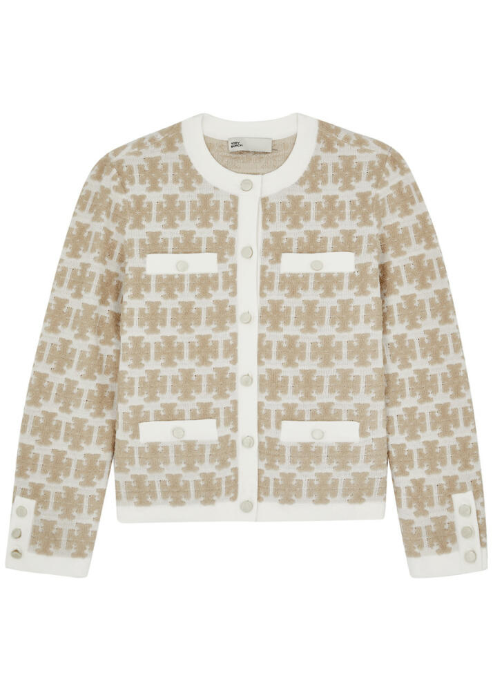 Tory Burch Kendra Logo-jacquard Bouclé Knitted Cardigan - Ivory Cover