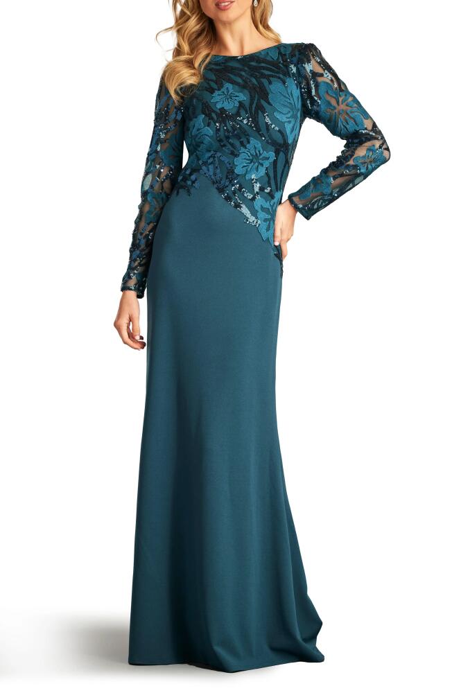 Tadashi Shoji Sequin Floral Jacquard Long Sleeve Gown in Eclipse Cover