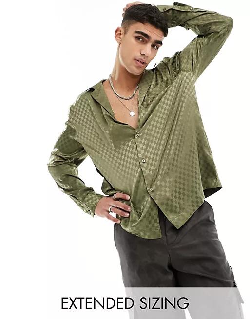 ASOS DESIGN relaxed fit deep revere collar checkerboard satin jacquard shirt in khaki-Green Cover