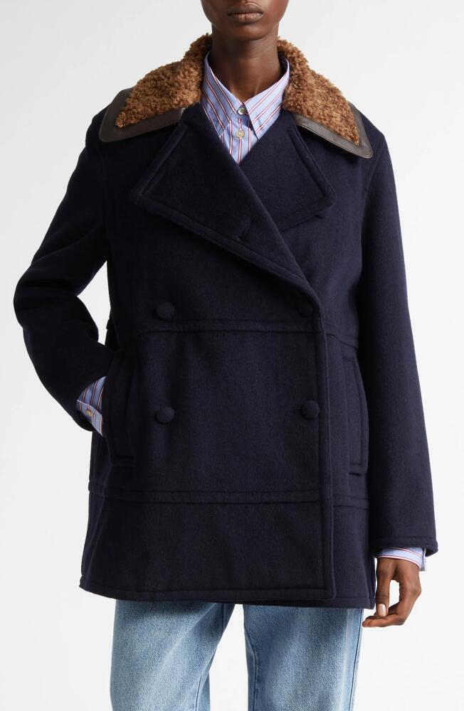 Wales Bonner Zora Faux Shearling Trim Wool Blend Peacoat in Navy Cover