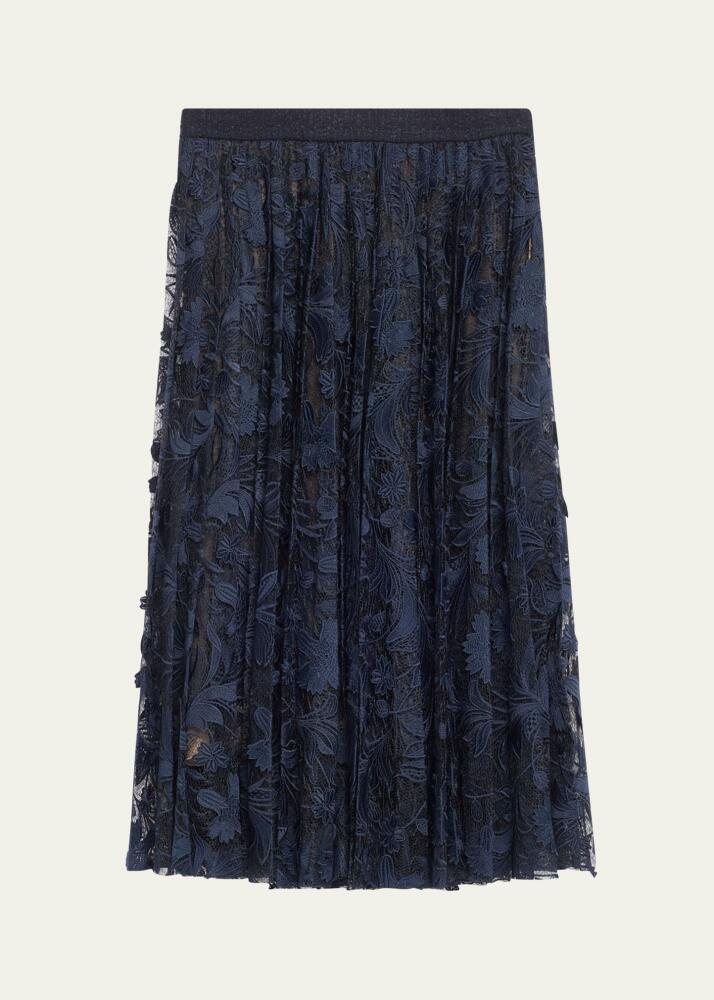 Oscar de la Renta Marbled Carnation Tulle Guipure Pleated Midi Skirt Cover