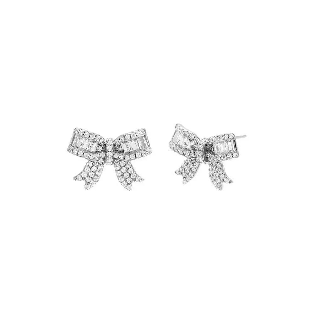 BY ADINA EDEN Pave X Baguette Mini Bow Tie Stud Earring in Silver Cover