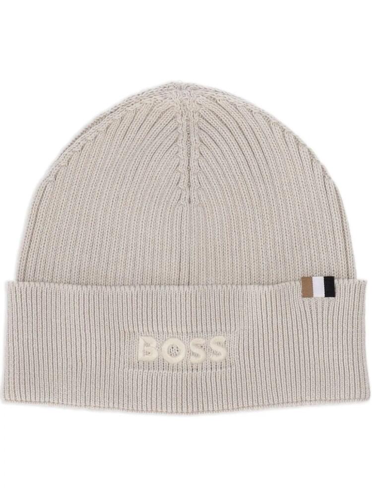 BOSS logo-embroidered ribbed knit beanie - Neutrals Cover