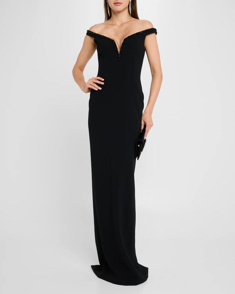 Pamella Roland Crystal Off-The-Shoulder Crepe Gown Cover