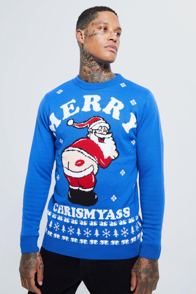 boohoo Mens Merry Chrismyass Christmas Sweater - Blue Cover