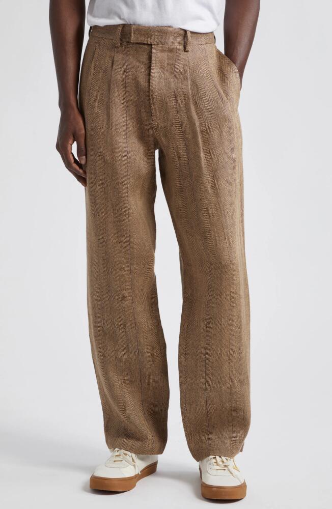 Noah Double Pleat Linen Herringbone Pants in Tan/Brown Herringbone Cover