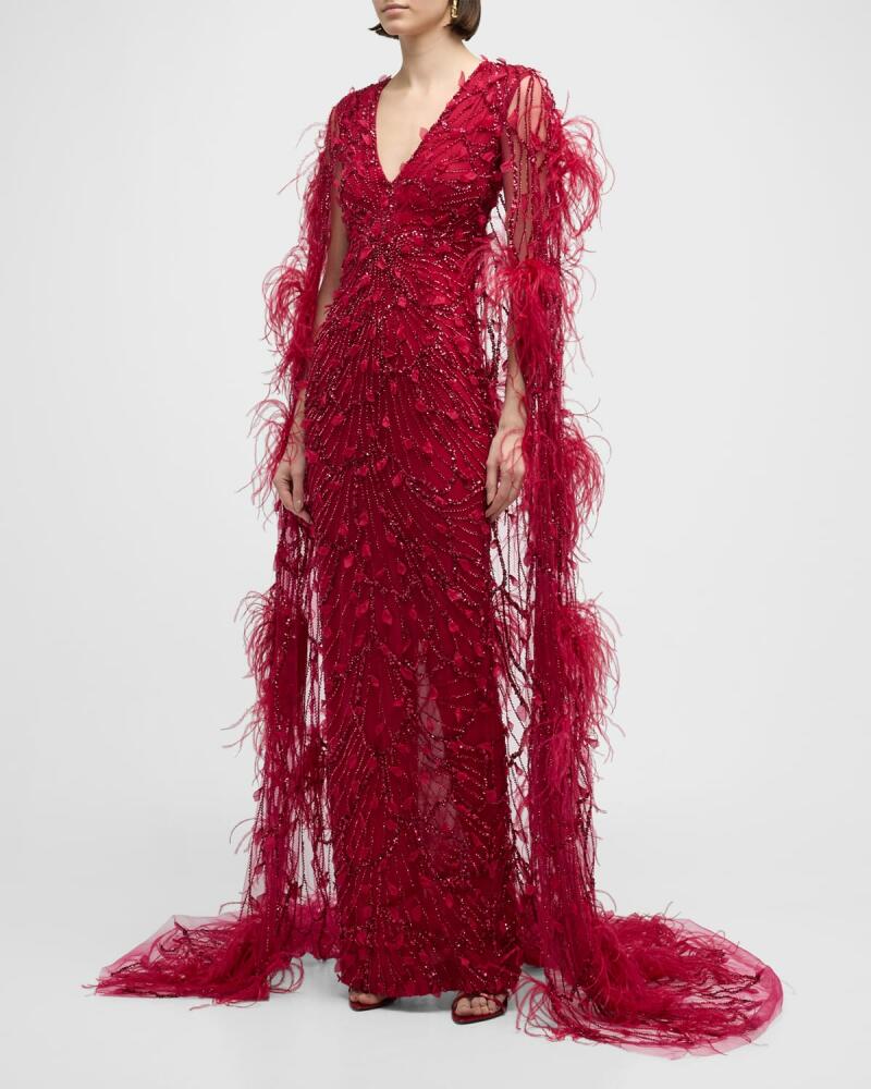 Pamella Roland Raspberry Sequined Feather-Trim Cape Column Gown Cover