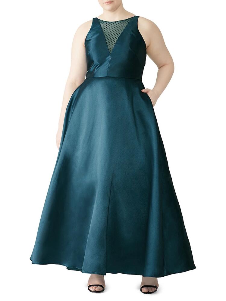 Monique Lhuillier Women's Mesh Trim Satin Flare Ballgown - Blue Cover