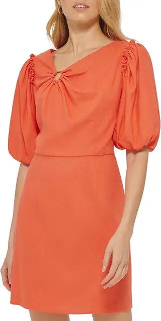 DKNY Short Sleeve Neck Ring Linen Midi Dress (Persimmon) Women's Clothing Cover