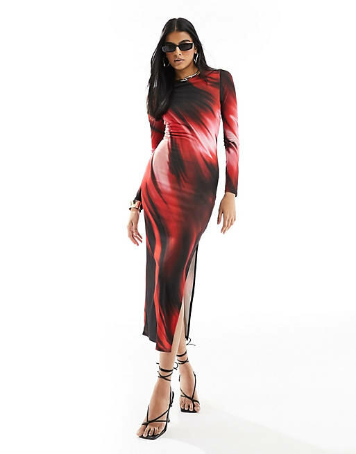 Miss Selfridge long sleeve maxi ombre print dress in red Cover