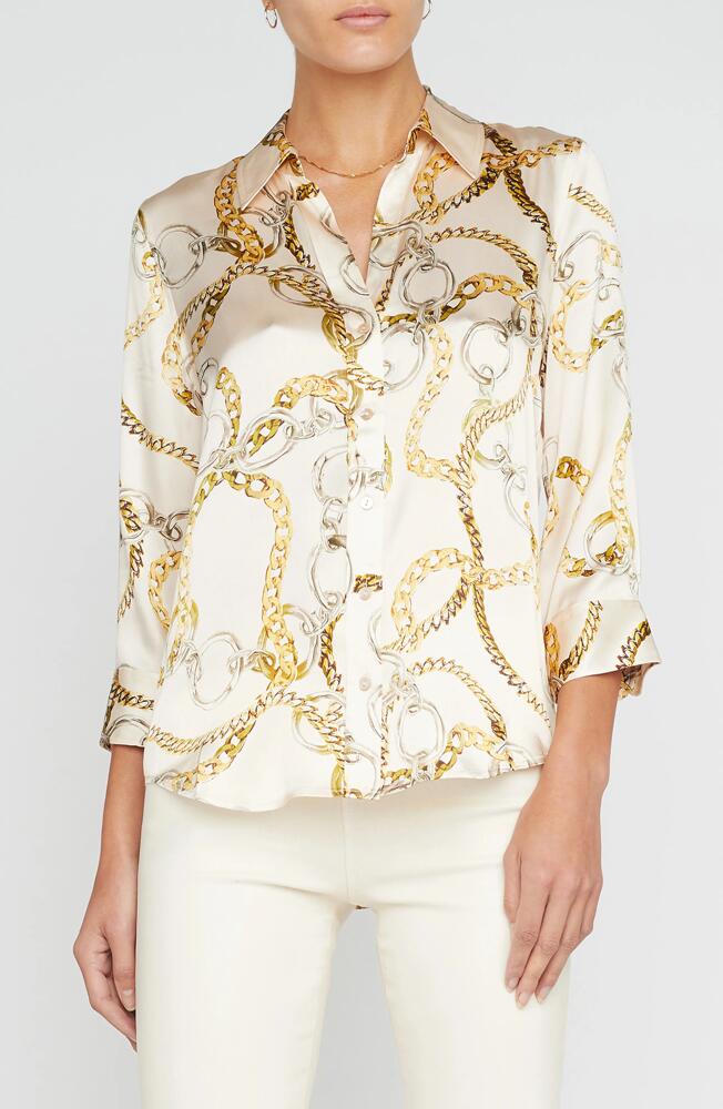 L'AGENCE Dani Chain Print Silk Button-Up Shirt in Ecru Multi Oversized Chain Cover