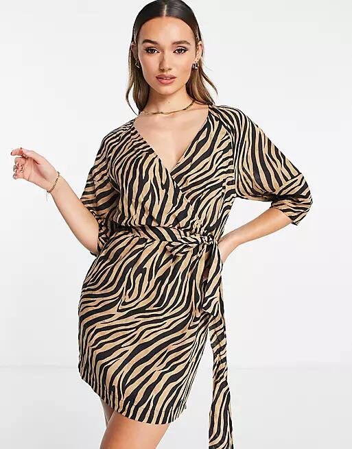 Mango tiger print wrap mini dress in brown Cover