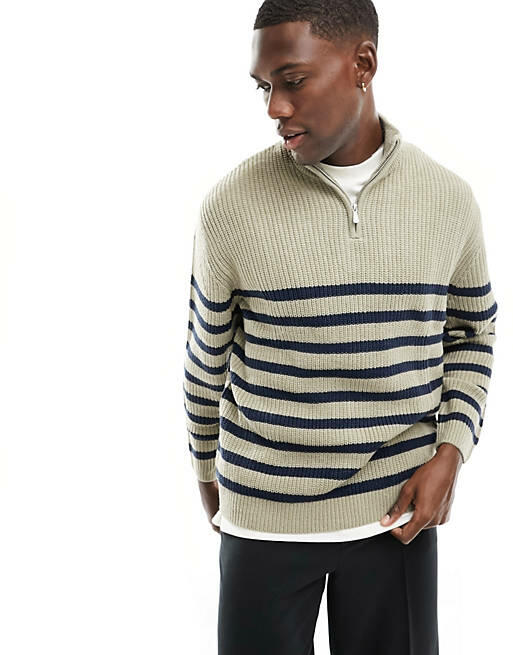 ASOS DESIGN oversized knit fisherman ribbed 1/4 zip sweater in stone and navy stripe-Neutral Cover