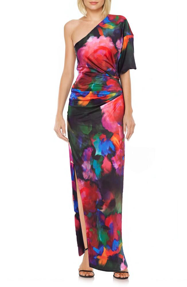 Jewel Badgley Mischka Floral One-Shoulder Knit Column Gown in Red Multi Cover