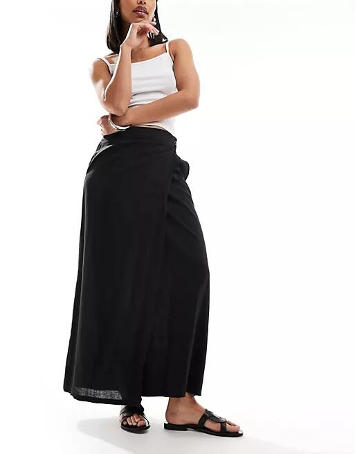 Vero Moda Aware linen mix wrap maxi skirt in black Cover