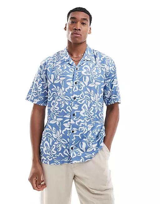 Threadbare short sleeve printed camp collar shirt in blue Cover