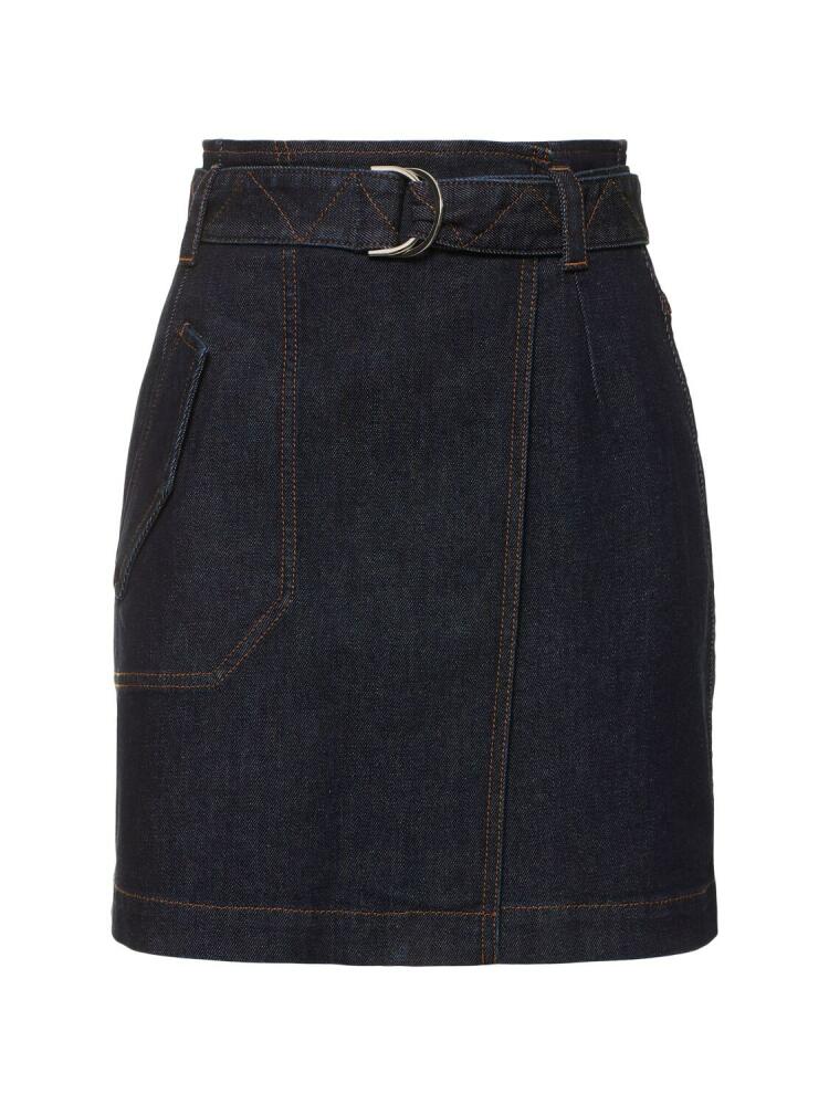 FERRARI Pleated Belted Denim Mini Wrap Skirt Cover