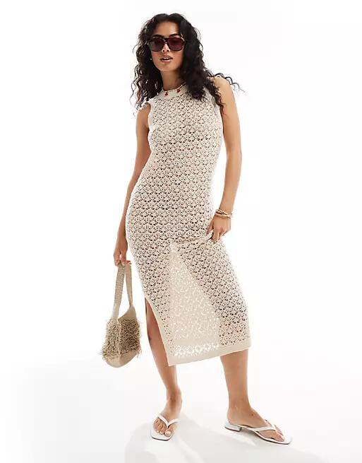 JDY open crochet midi tank dress in stone-Neutral Cover