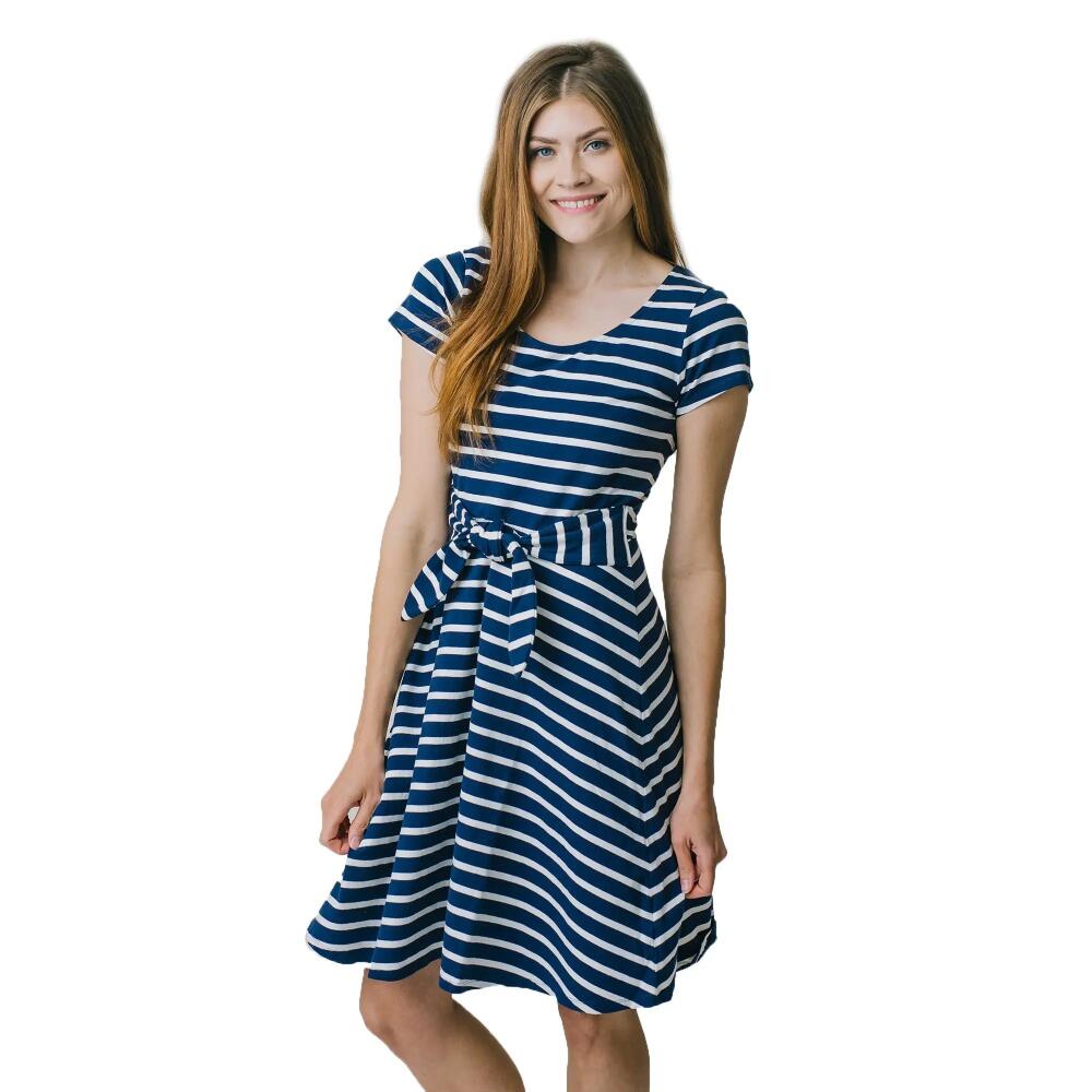 Hope & Henry Women's Organic Cotton Tie-Waist Knit Dress in Navy With White Stripe Cover