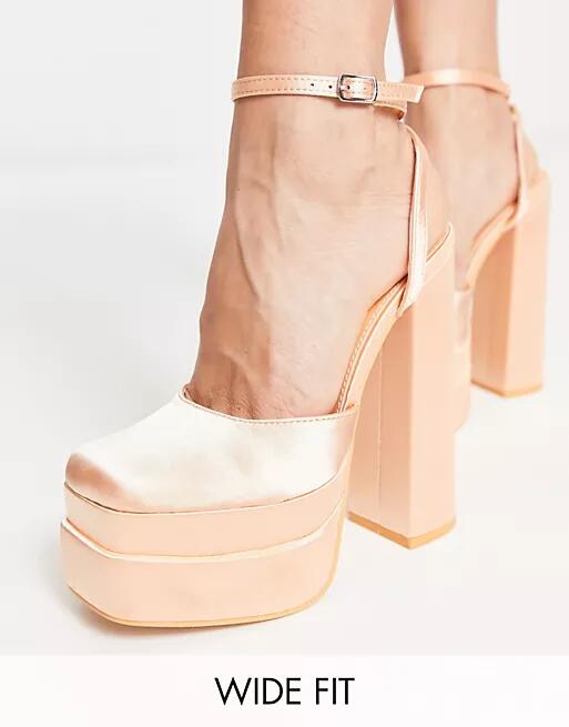 Public Desire Wide Fit Exclusive Moonchild platform heeled shoes in apricot satin-Orange Cover