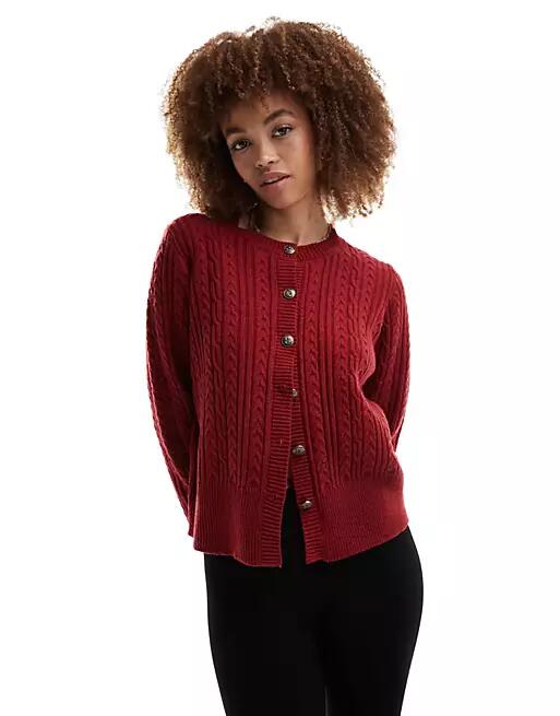 Motel cable knit button through cardigan in deep red Cover