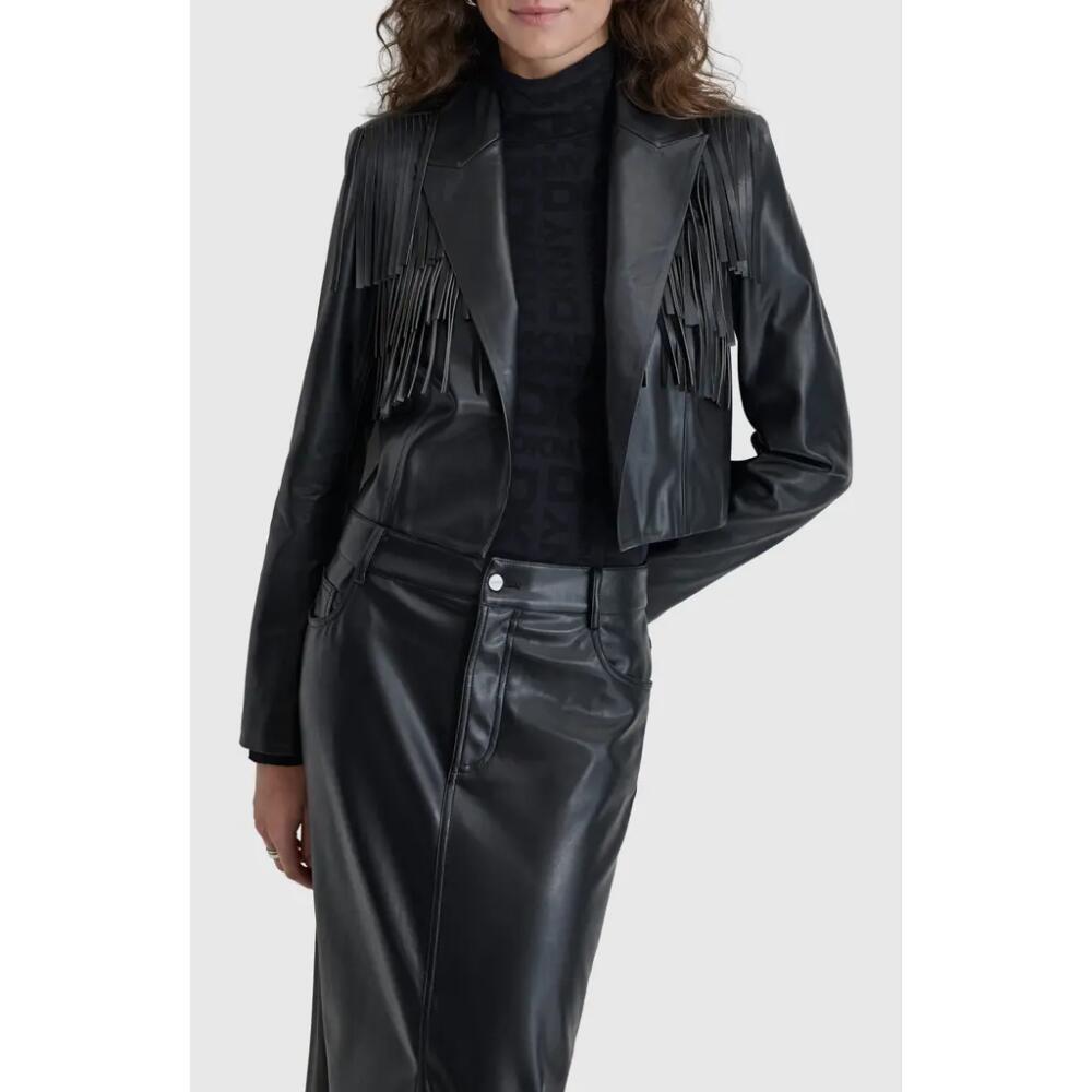 DKNY Fringe Detail Faux Leather Jacket in Black Cover