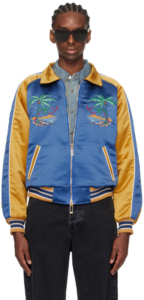 Rhude Blue & Yellow Palm Eagles Souvenier Bomber Jacket Cover