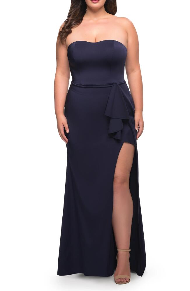 La Femme Strapless Sweetheart Ruffle Gown in Navy Cover