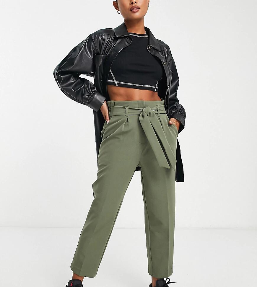 New Look Petite paperbag belted pants in khaki-Green Cover