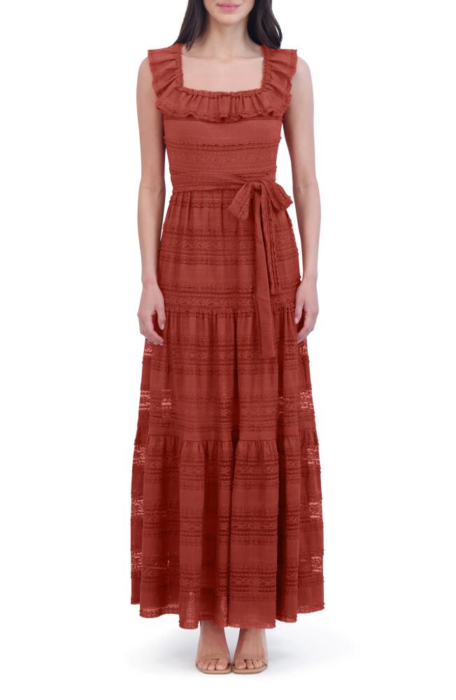 Eliza J Ruffle Square Neck Tiered Maxi Dress in Rust Cover