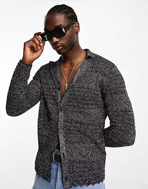 ASOS DESIGN knitted polo shirt in black and silver metallic texture Cover