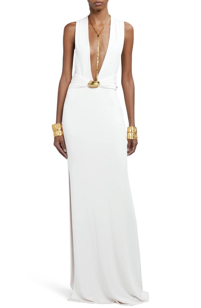 TOM FORD Plunge Neck Stretch Sable Evening Gown in Pearl White Cover