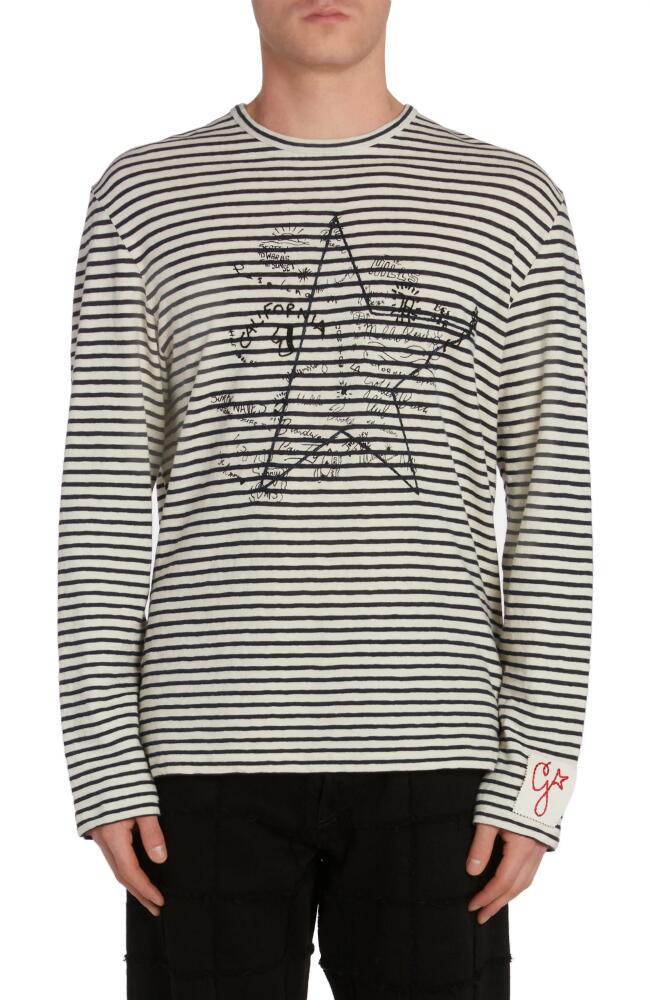 Golden Goose Embroidered Graffiti Stripe Cotton & Linen Long Sleeve T-Shirt in Ecru/Mazarine Blue Cover