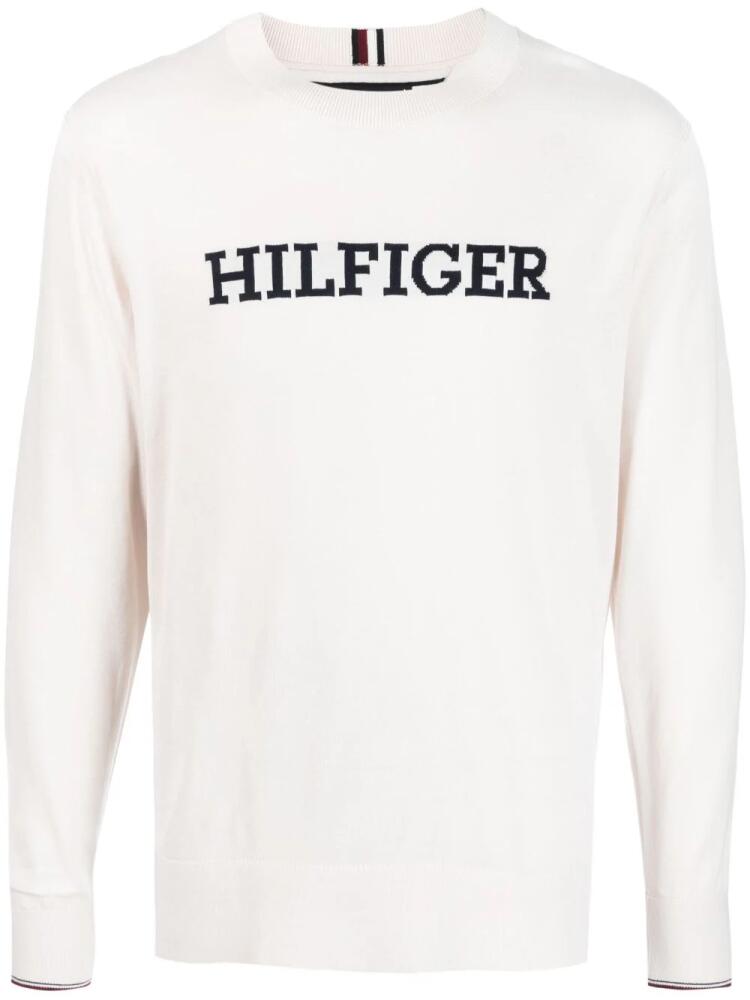 Tommy Hilfiger logo intarsia-knit cotton jumper - Neutrals Cover