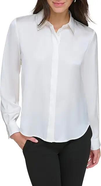 DKNY Long Sleeve Shirt Collar Button Front with Contrast Stitch (Ivory) Women's Clothing Cover