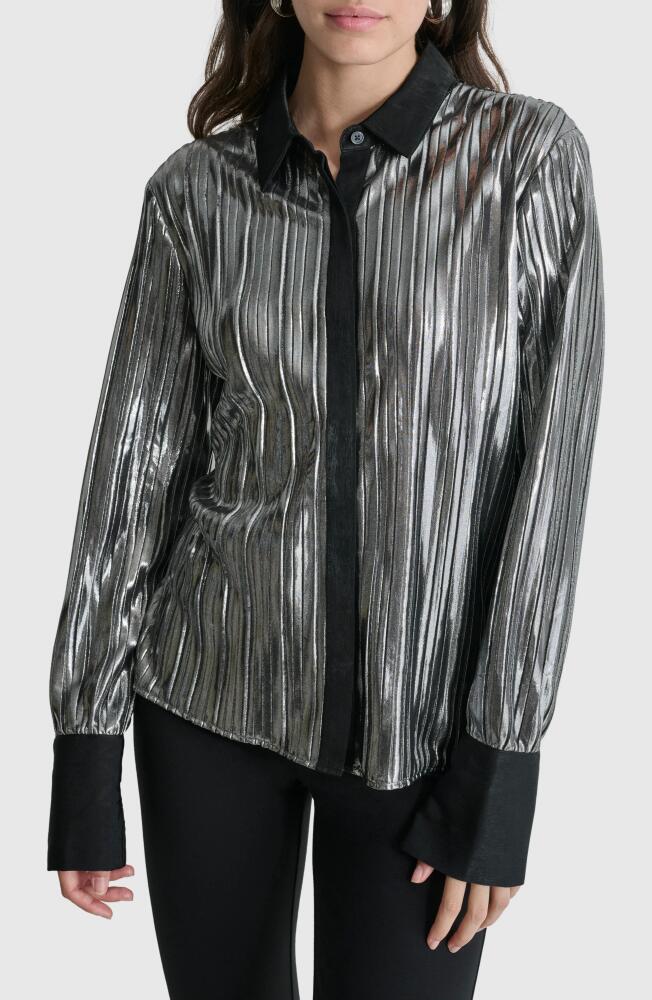 DKNY Foil Pleated Button-Up Shirt in Silver Cover