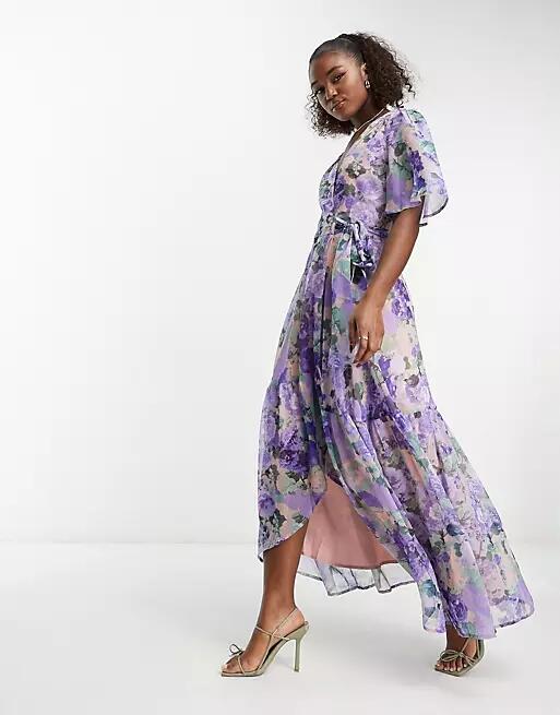 Hope & Ivy flutter sleeve wrap maxi dress in blue floral Cover