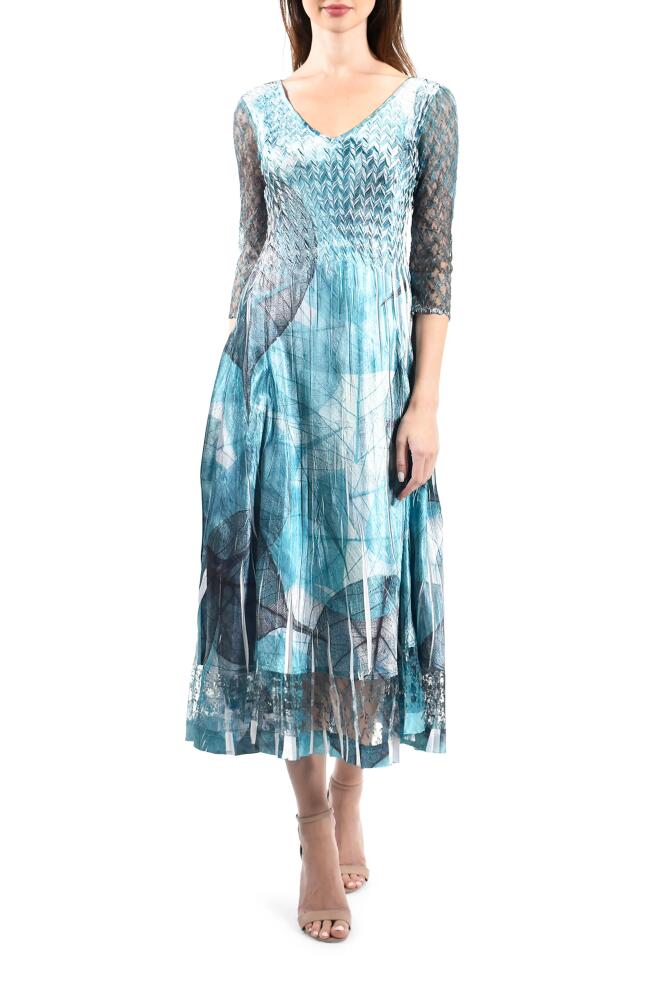 Komarov Abstract Print Charmeuse & Lace Cocktail Midi Dress in Rainforest Cover