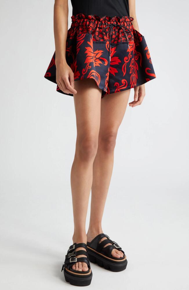 Sacai Mixed Floral Print Drawstring Shorts in Red Cover