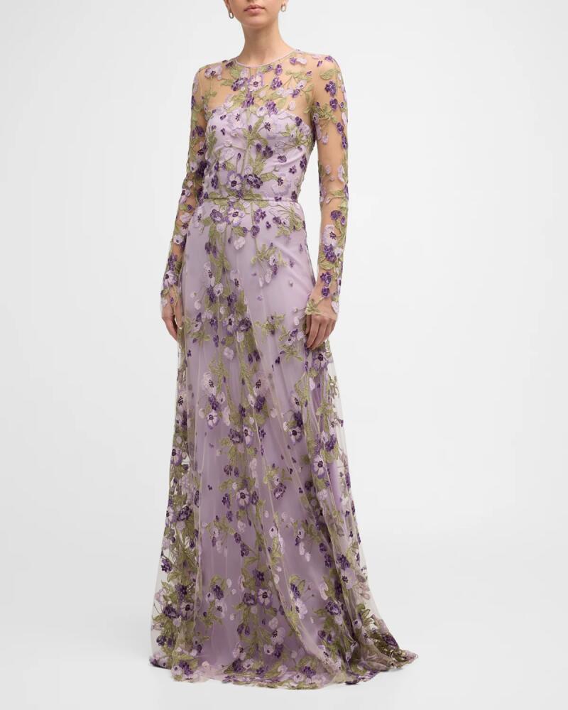 Naeem Khan Embroidered Floral Gown with Sheer Overlay Cover