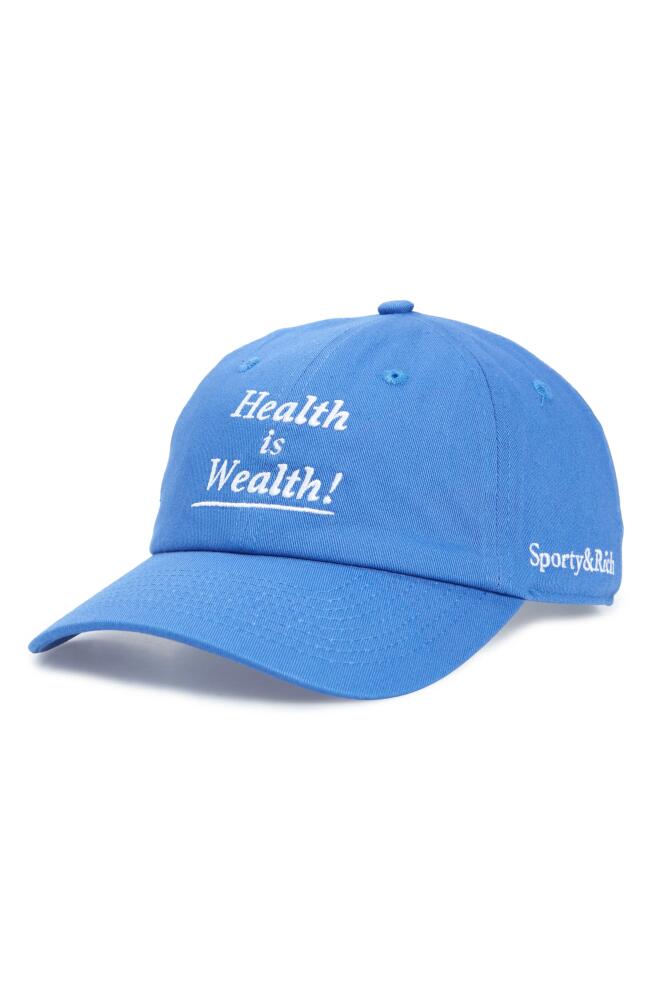 Sporty & Rich Health is Wealth Embroidered Adjustable Baseball Cap in Imperial Blue Cover