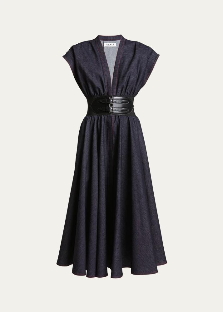 ALAIA Belted Denim Midi Dress with Contrast Seams Cover